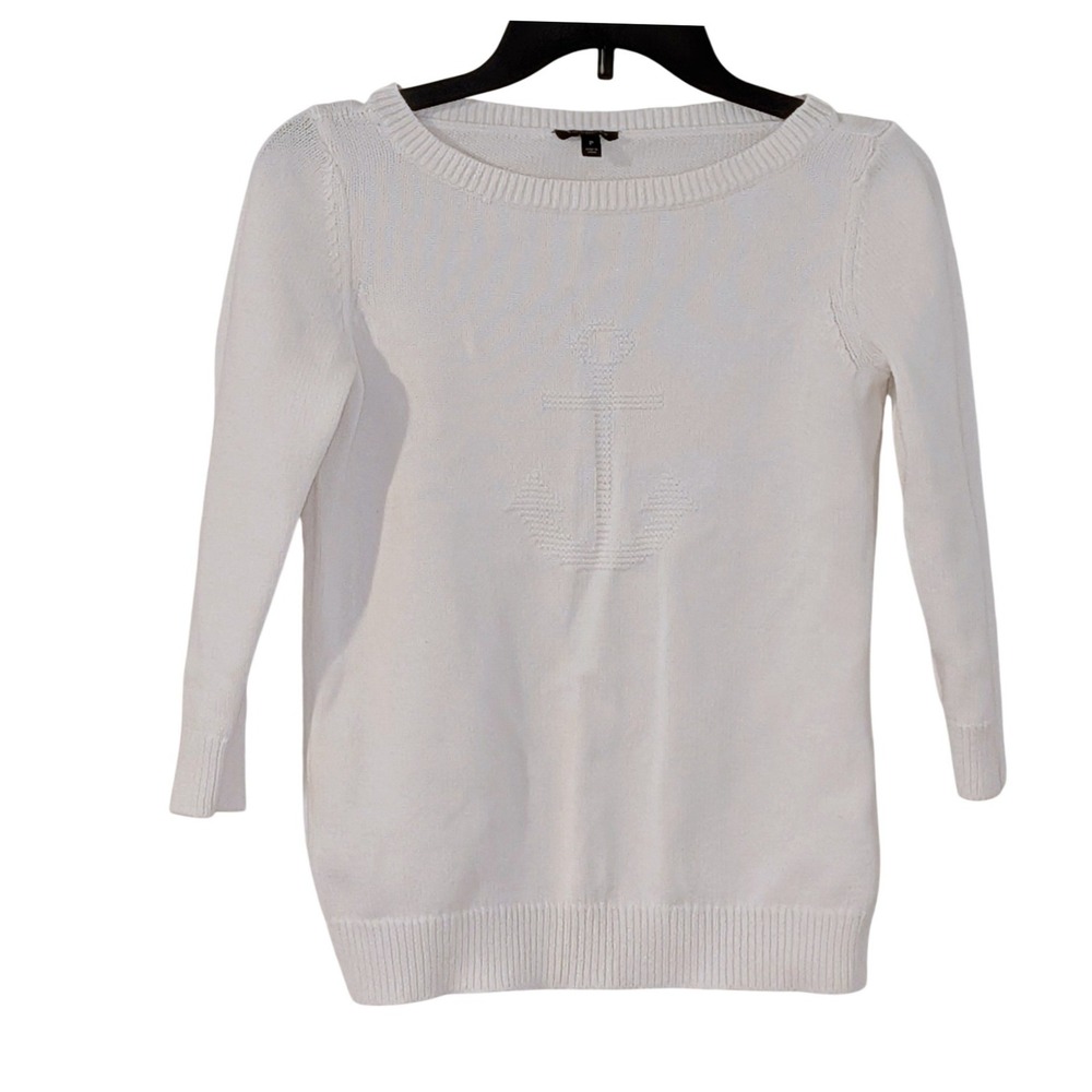 Talbots‎ Petites White Cotton Anchor Knit Sweater Boat Neck 3/4 Sleeve Size P